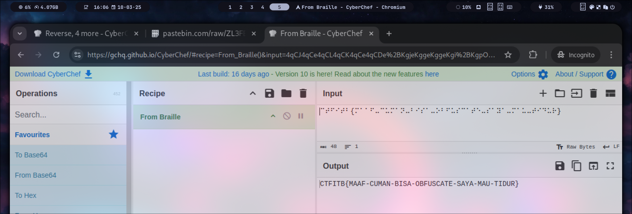 CyberChef From Braille decoding to the flag
