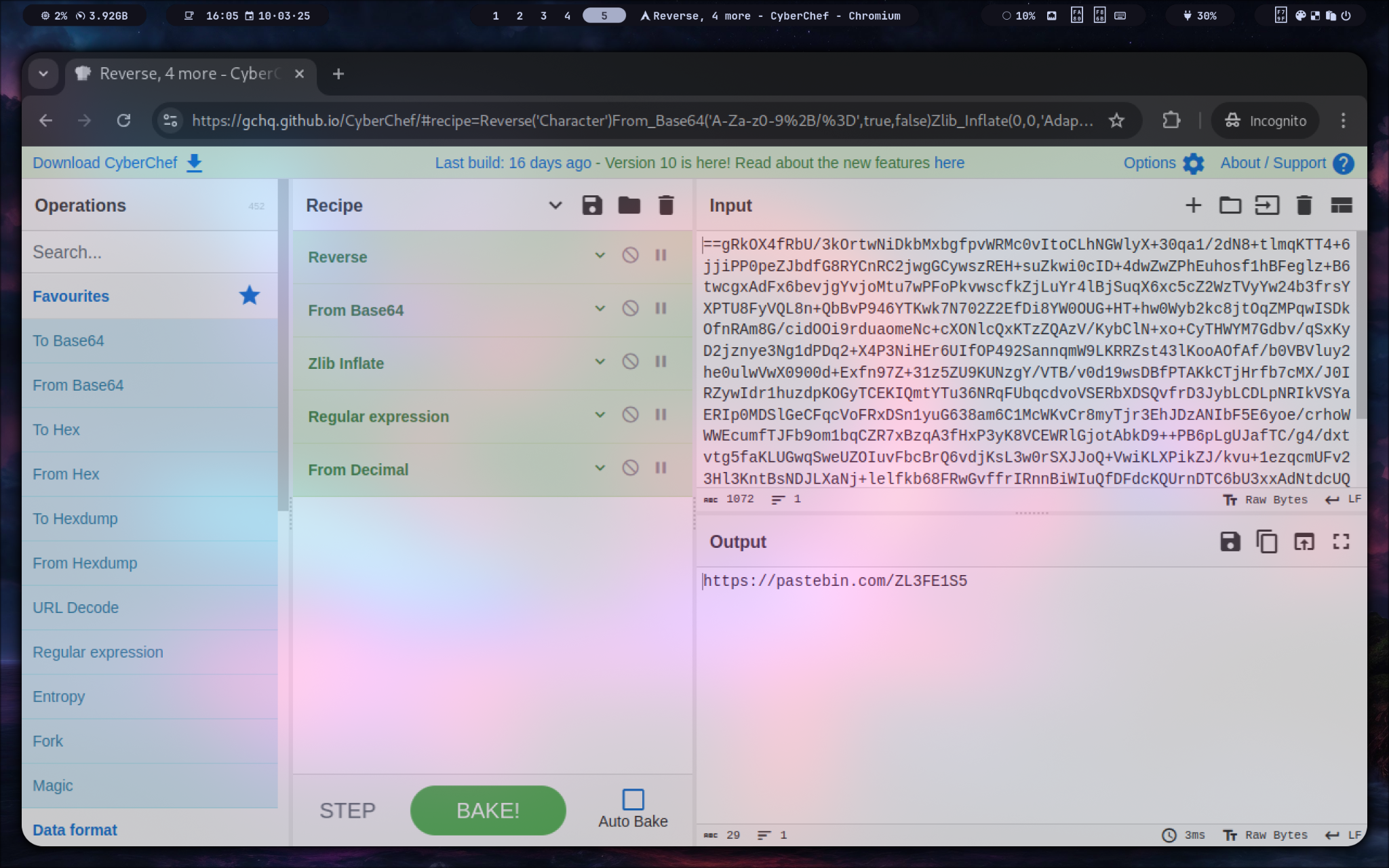 CyberChef unwrapping the layers to a pastebin URL