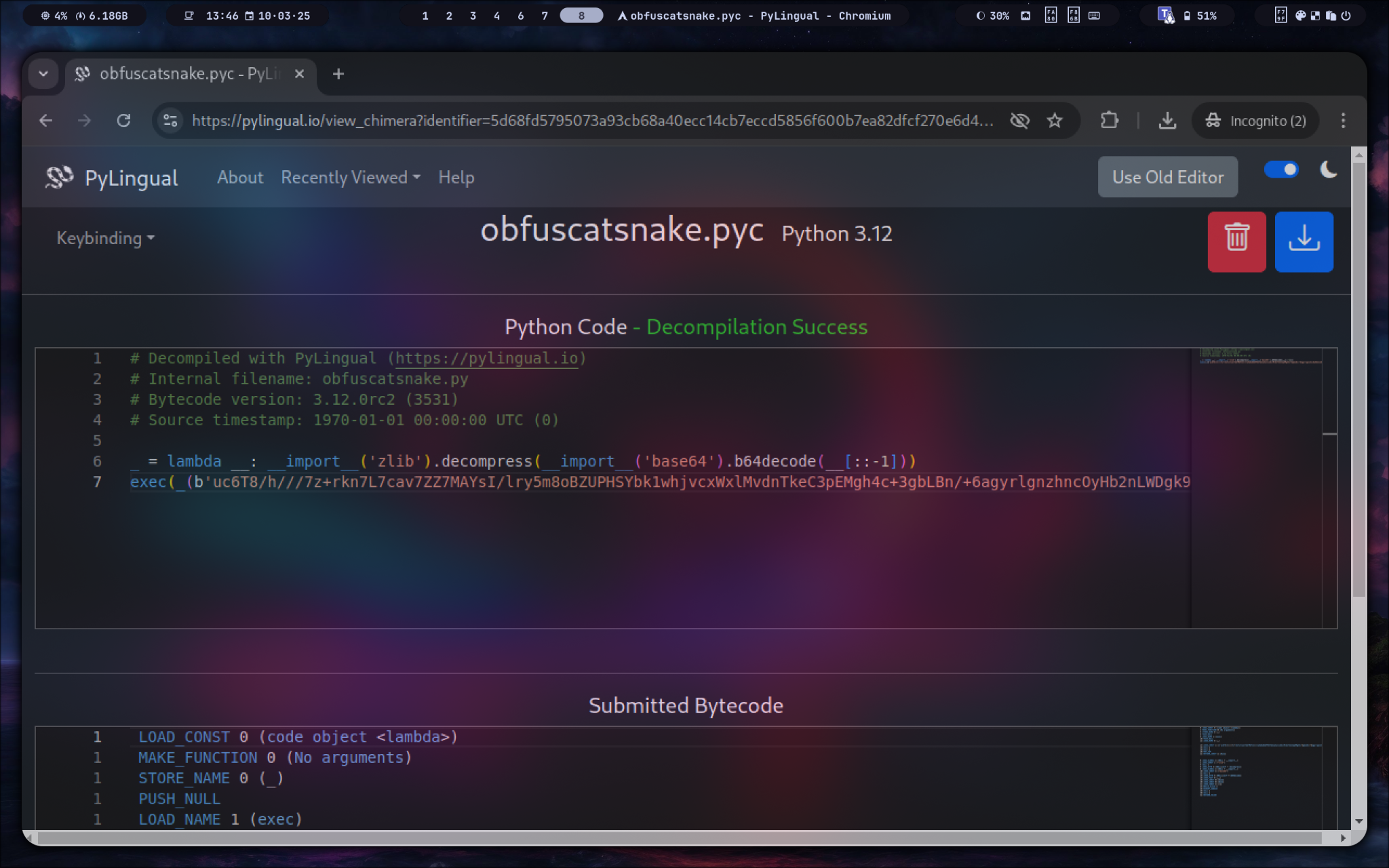 PyLingual successfully decompiling obfuscatsnake.pyc